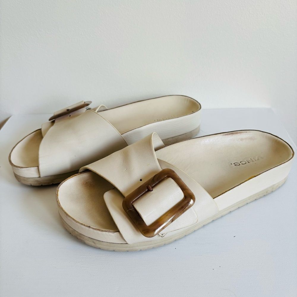 Vince Grant Buckle Slide Sandal – Leather, Neutral Beige, Size 7